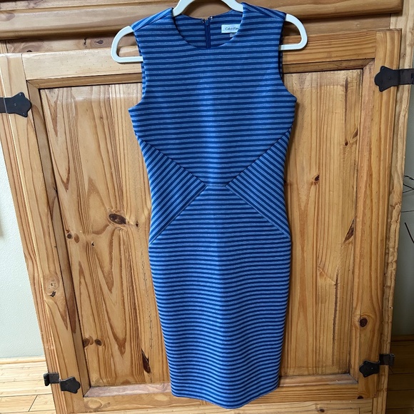 Calvin Klein Dress Blue Striped Neoprene Scuba Stretch Sleeveless Size 2 - Picture 1 of 5